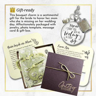 Bridal Bouquet Photo Charm Mom I Carry You Wedding White Silver Finish Memory Jewels - Gutsy Goodness Handmade Jewelry Gifts