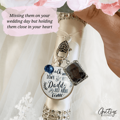 Wedding Bouquet Charm Walk Me Down Aisle Daddy White Blue Memorial Jewel Photo Frame  Bouquet Charm - Gutsy Goodness Handmade Jewelry