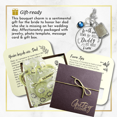 Wedding Bouquet Charm Walk Me Down Aisle Daddy White Blue Memorial Jewel Photo Frame - Gutsy Goodness Handmade Jewelry Gifts