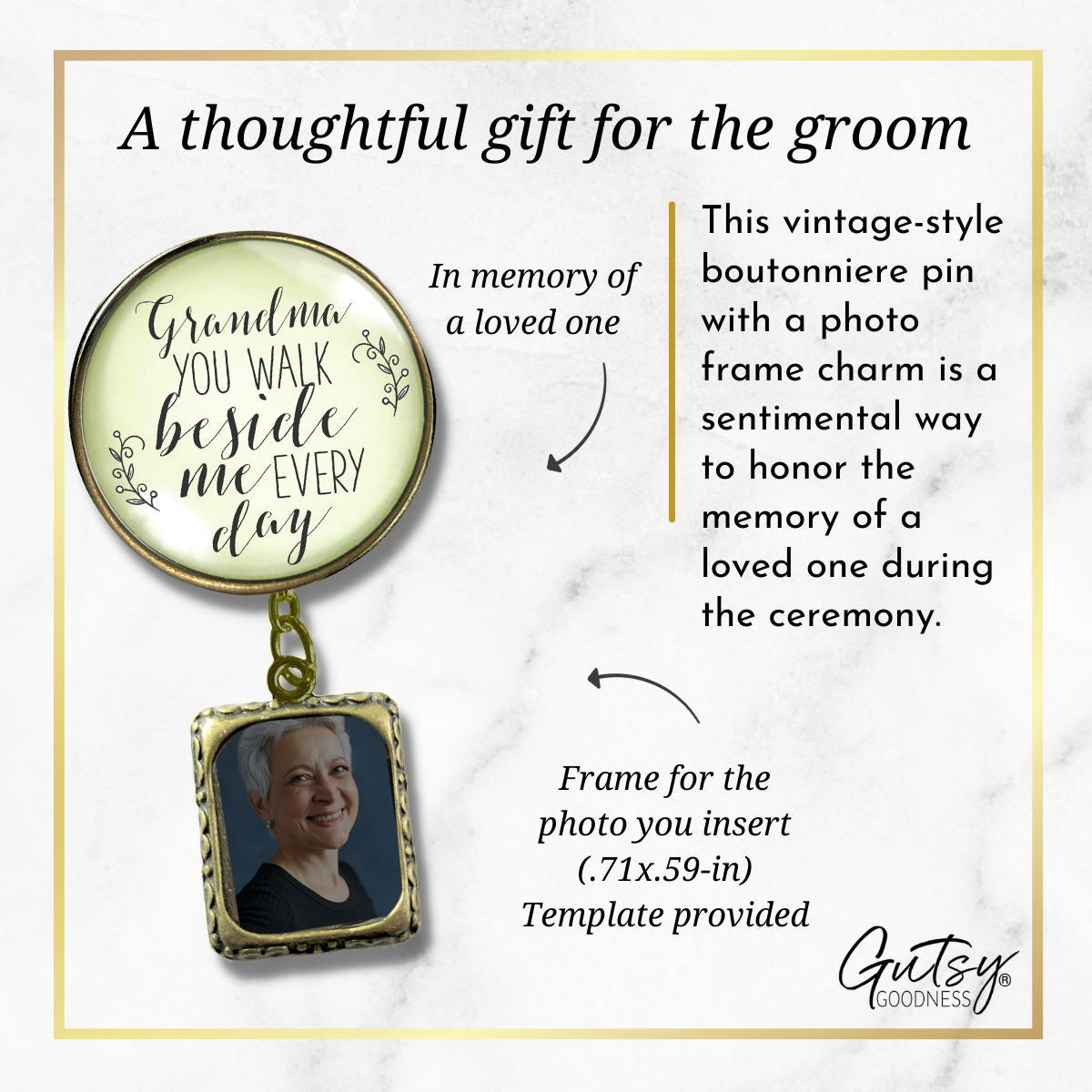 Wedding Memorial Boutonniere Pin Photo Frame Honor Grandma Vintage Cream For Men - Gutsy Goodness