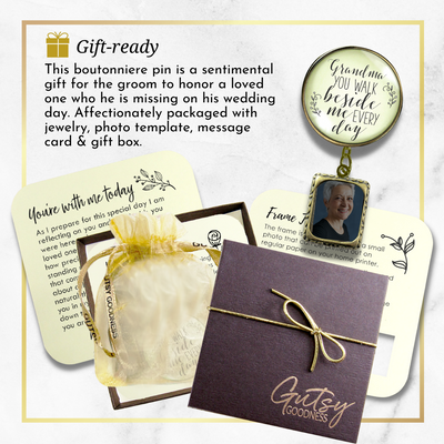 Wedding Memorial Boutonniere Pin Photo Frame Honor Grandma Vintage Cream For Men - Gutsy Goodness