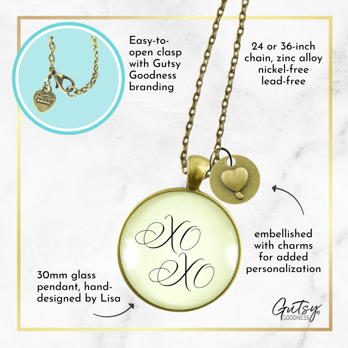 Gutsy Goodness XO Hugs and Kisses Necklace Vintage Love Romantic Heart Charm Gift - Gutsy Goodness;Xo Hugs And Kisses Necklace Vintage Love Romantic Heart Charm Gift - Gutsy Goodness Handmade Jewelry Gifts
