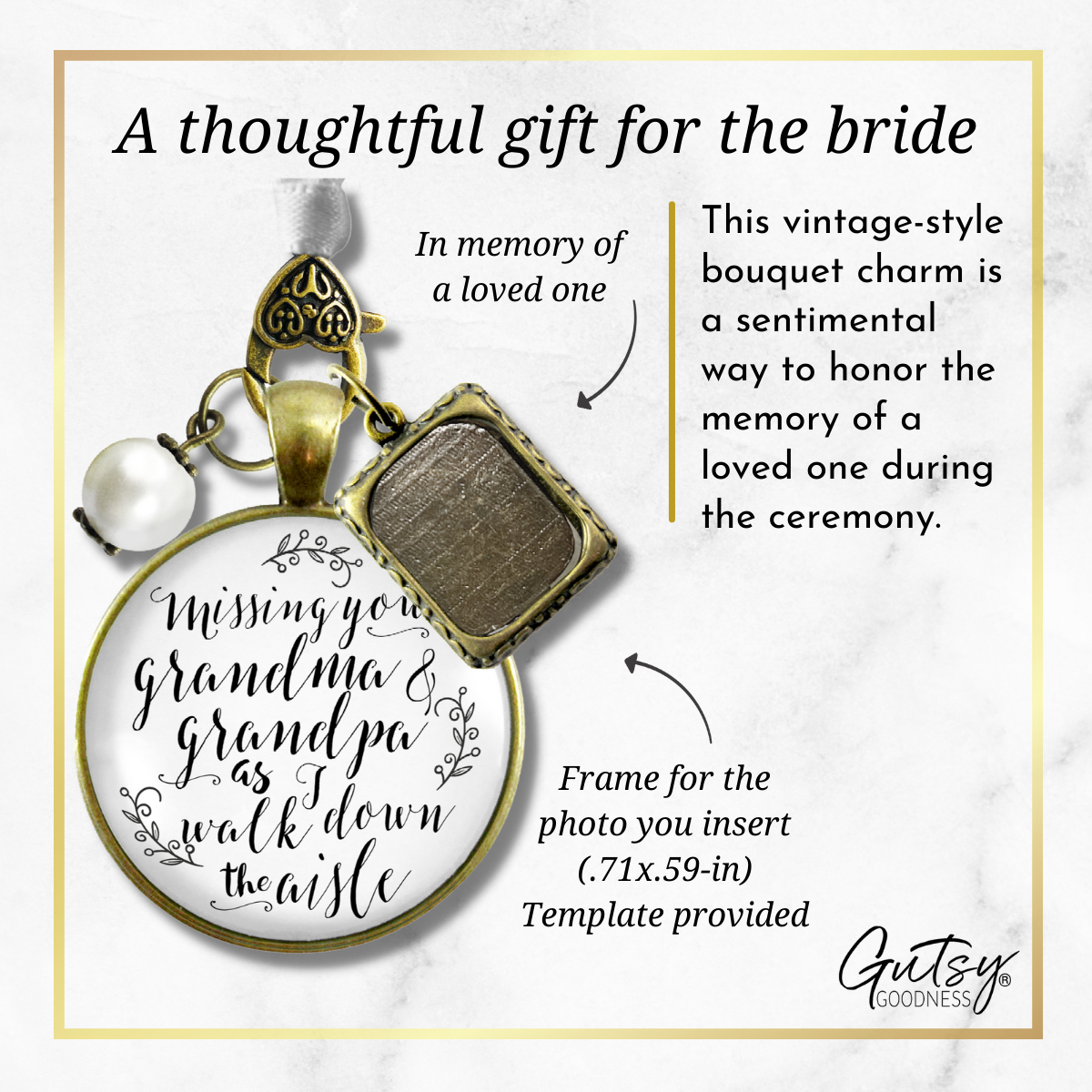 Bouquet Charm Bridal Memorial Missing Grandma Grandpa Wedding Day White Bronze Frame - Gutsy Goodness