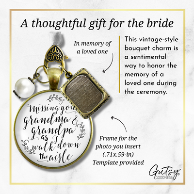 Bouquet Charm Bridal Memorial Missing Grandma Grandpa Wedding Day White Bronze Frame - Gutsy Goodness