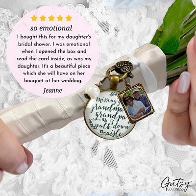 Bouquet Charm Bridal Memorial Missing Grandma Grandpa Wedding Day White Bronze Frame - Gutsy Goodness