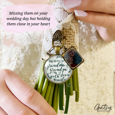 Bouquet Charm Bridal Memorial Missing Grandma Grandpa Wedding Day White Bronze Frame - Gutsy Goodness