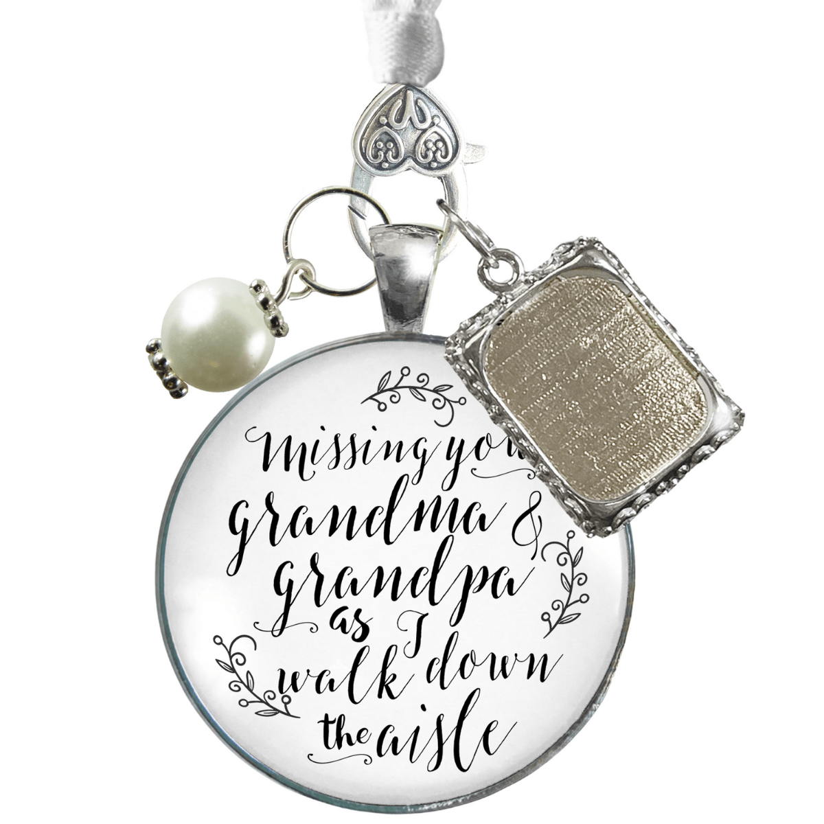 Bouquet Charm Bridal Memorial Missing Grandma Grandpa Wedding Day White Silver Frame - Gutsy Goodness Handmade Jewelry Gifts