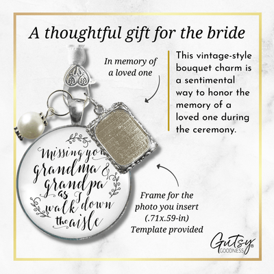 Bouquet Charm Bridal Memorial Missing Grandma Grandpa Wedding Day White Silver Frame - Gutsy Goodness Handmade Jewelry Gifts