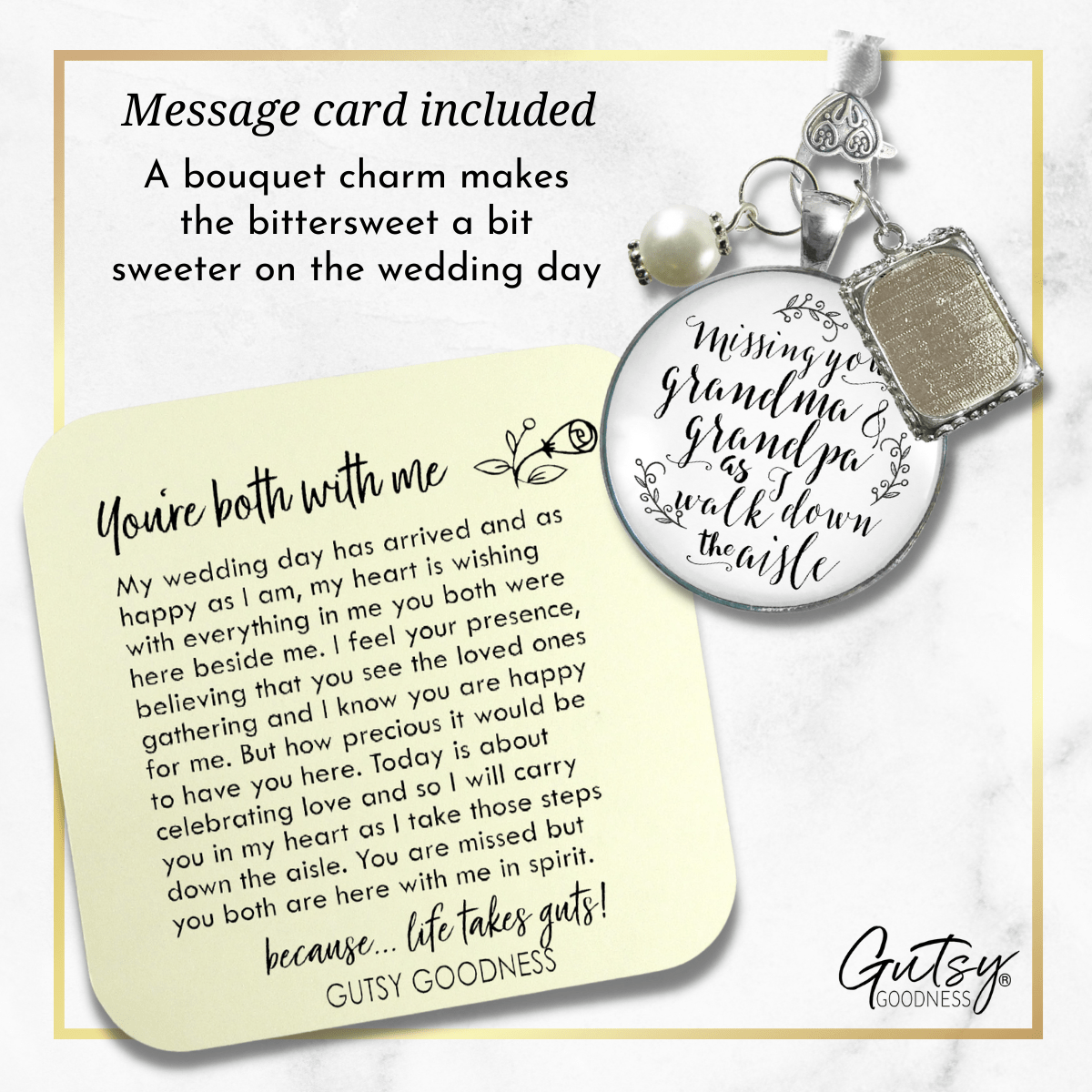 Bouquet Charm Bridal Memorial Missing Grandma Grandpa Wedding Day White Silver Frame - Gutsy Goodness Handmade Jewelry Gifts