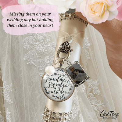 Bouquet Charm Bridal Memorial Missing Grandma Grandpa Wedding Day White Silver Frame - Gutsy Goodness Handmade Jewelry Gifts