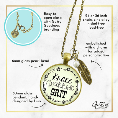 Gutsy Goodness Grace Gratitude Grit Necklace Southern Country Feather Charm - Gutsy Goodness Handmade Jewelry;Grace Gratitude Grit Necklace Southern Country Feather Charm - Gutsy Goodness Handmade Jewelry Gifts