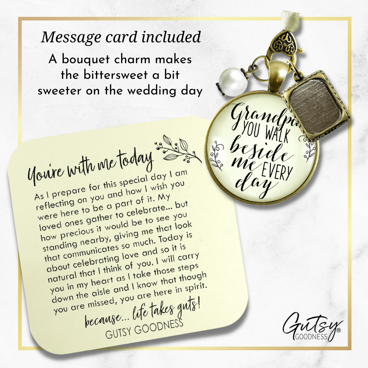 Grandfather Wedding Bouquet Charm Grandpa Beside Me Photo Frame Memorial Jewelry - Gutsy Goodness Handmade Jewelry Gifts