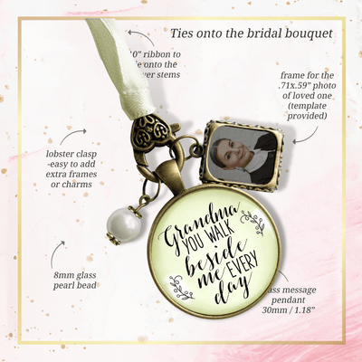 Grandmother Bridal Bouquet Photo Charm Grandma Beside Me Wedding Memorial Frame Jewel - Gutsy Goodness Handmade Jewelry Gifts