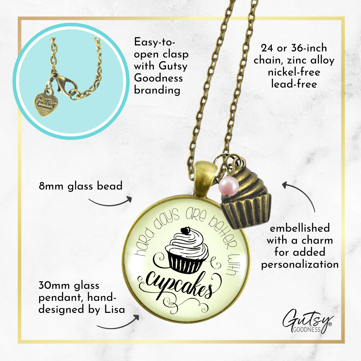 Gutsy Goodness Cupcake Necklace Hard Days Better Bakers Gift Jewelry Dessert Charm - Gutsy Goodness;Cupcake Necklace Hard Days Better Bakers Gift Jewelry Dessert Charm - Gutsy Goodness Handmade Jewelry Gifts
