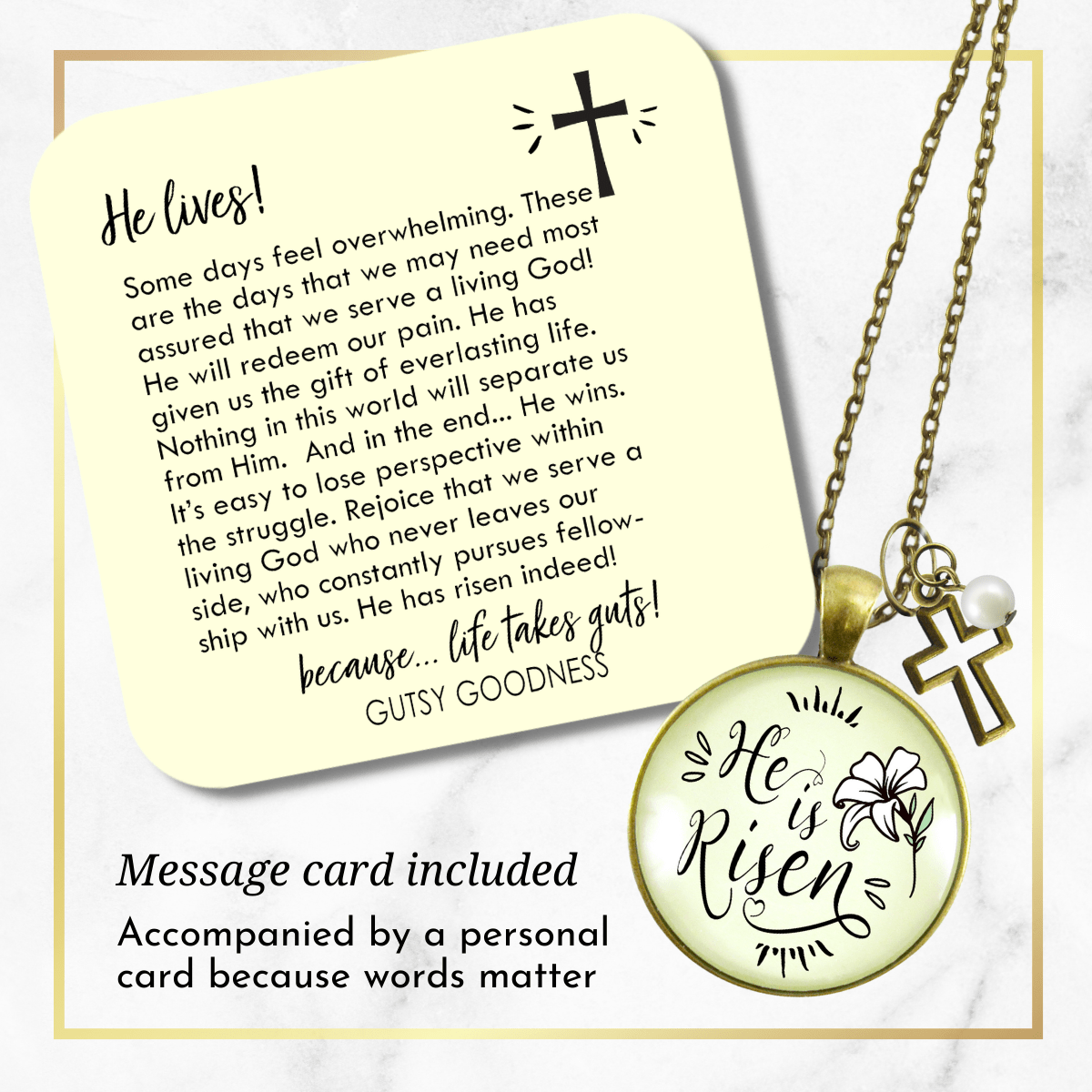 Gutsy Goodness Faith Necklace He is Risen! Christian Lily Jewelry Cross Charm - Gutsy Goodness Handmade Jewelry;Faith Necklace He Is Risen! Christian Lily Jewelry Cross Charm - Gutsy Goodness Handmade Jewelry Gifts