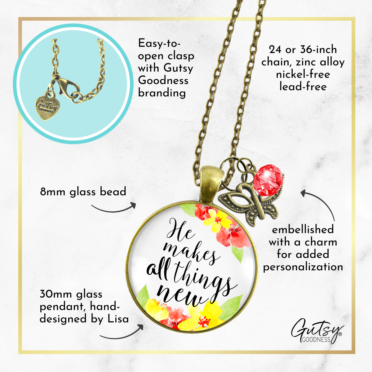 Gutsy Goodness He Makes All Things New Necklace Christian Watercolor Butterfly Charm - Gutsy Goodness Handmade Jewelry;He Makes All Things New - Gutsy Goodness Handmade Jewelry Gifts