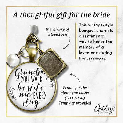 Grandfather Wedding Bouquet Charm Grandpa Beside Me Memorial White Bronze Jewel Frame - Gutsy Goodness Handmade Jewelry Gifts