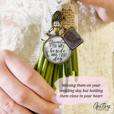 Grandfather Wedding Bouquet Charm Grandpa Beside Me Memorial White Bronze Jewel Frame - Gutsy Goodness Handmade Jewelry Gifts