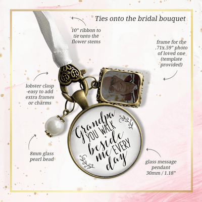 Grandfather Wedding Bouquet Charm Grandpa Beside Me Memorial White Bronze Jewel Frame - Gutsy Goodness Handmade Jewelry Gifts
