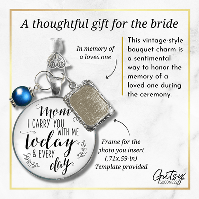 Bridal Bouquet Photo Charm Mom I Carry You Wedding White Silver Blue Bead - Gutsy Goodness;Bridal Bouquet Photo Charm Mom I Carry You Wedding White Silver Blue Bead - Gutsy Goodness Handmade Jewelry Gifts