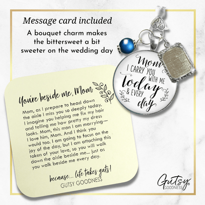 Bridal Bouquet Photo Charm Mom I Carry You Wedding White Silver Blue Bead - Gutsy Goodness;Bridal Bouquet Photo Charm Mom I Carry You Wedding White Silver Blue Bead - Gutsy Goodness Handmade Jewelry Gifts