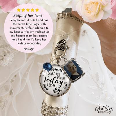 Bridal Bouquet Photo Charm Mom I Carry You Wedding White Silver Blue Bead - Gutsy Goodness;Bridal Bouquet Photo Charm Mom I Carry You Wedding White Silver Blue Bead - Gutsy Goodness Handmade Jewelry Gifts