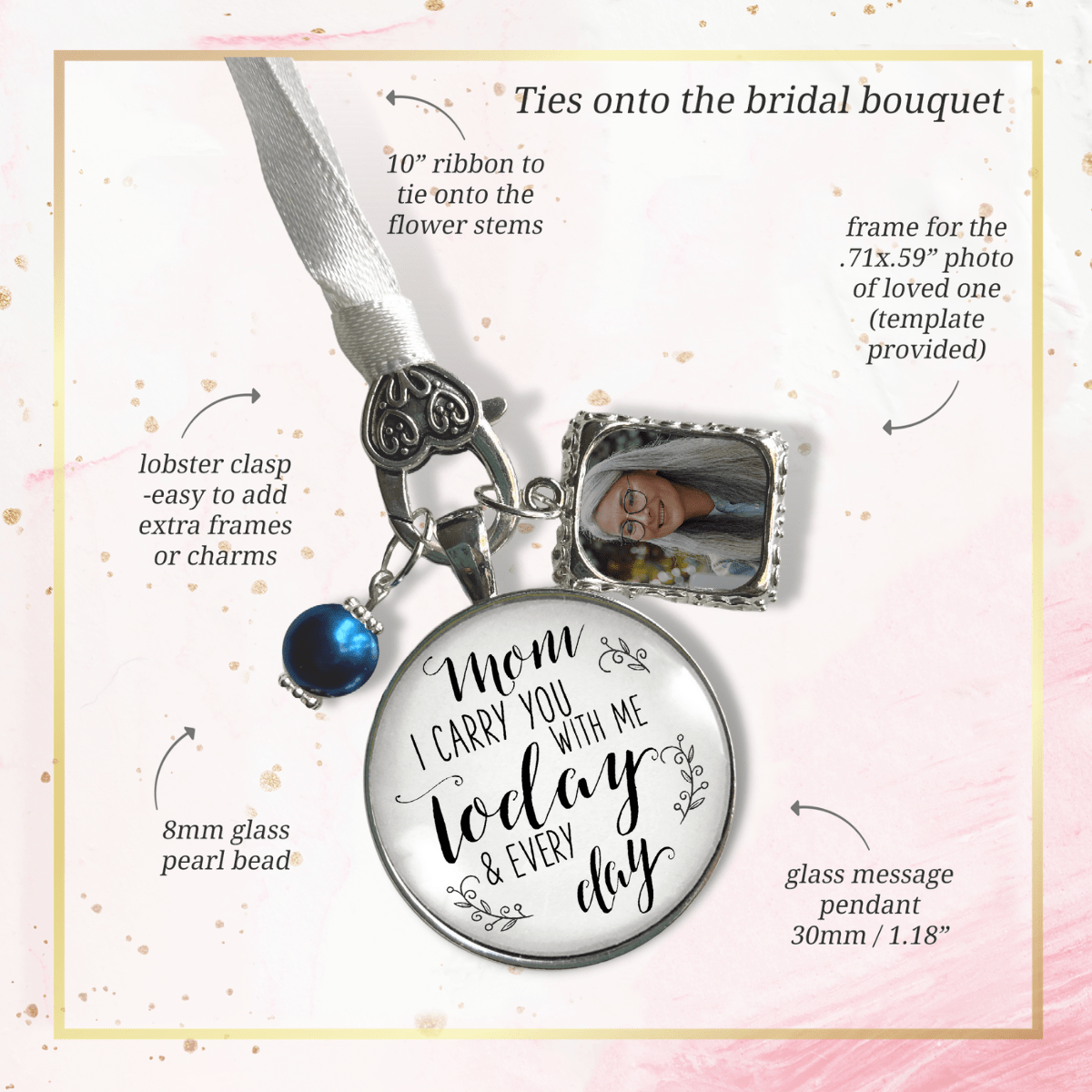 Bridal Bouquet Photo Charm Mom I Carry You Wedding White Silver Blue Bead - Gutsy Goodness;Bridal Bouquet Photo Charm Mom I Carry You Wedding White Silver Blue Bead - Gutsy Goodness Handmade Jewelry Gifts