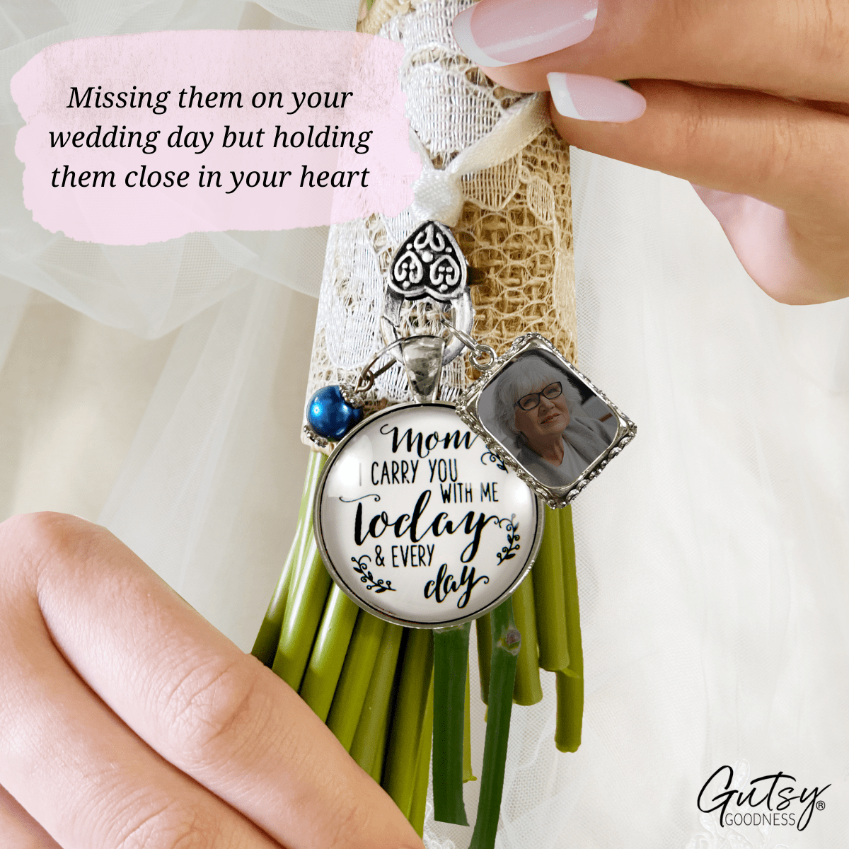 Bridal Bouquet Photo Charm Mom I Carry You Wedding White Silver Blue Bead - Gutsy Goodness;Bridal Bouquet Photo Charm Mom I Carry You Wedding White Silver Blue Bead - Gutsy Goodness Handmade Jewelry Gifts