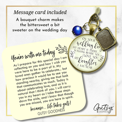 On Your Wedding Day MY Heart Is There Walking Beside You DAUGHTER - BRONZE - CREAM - BLUE BEAD