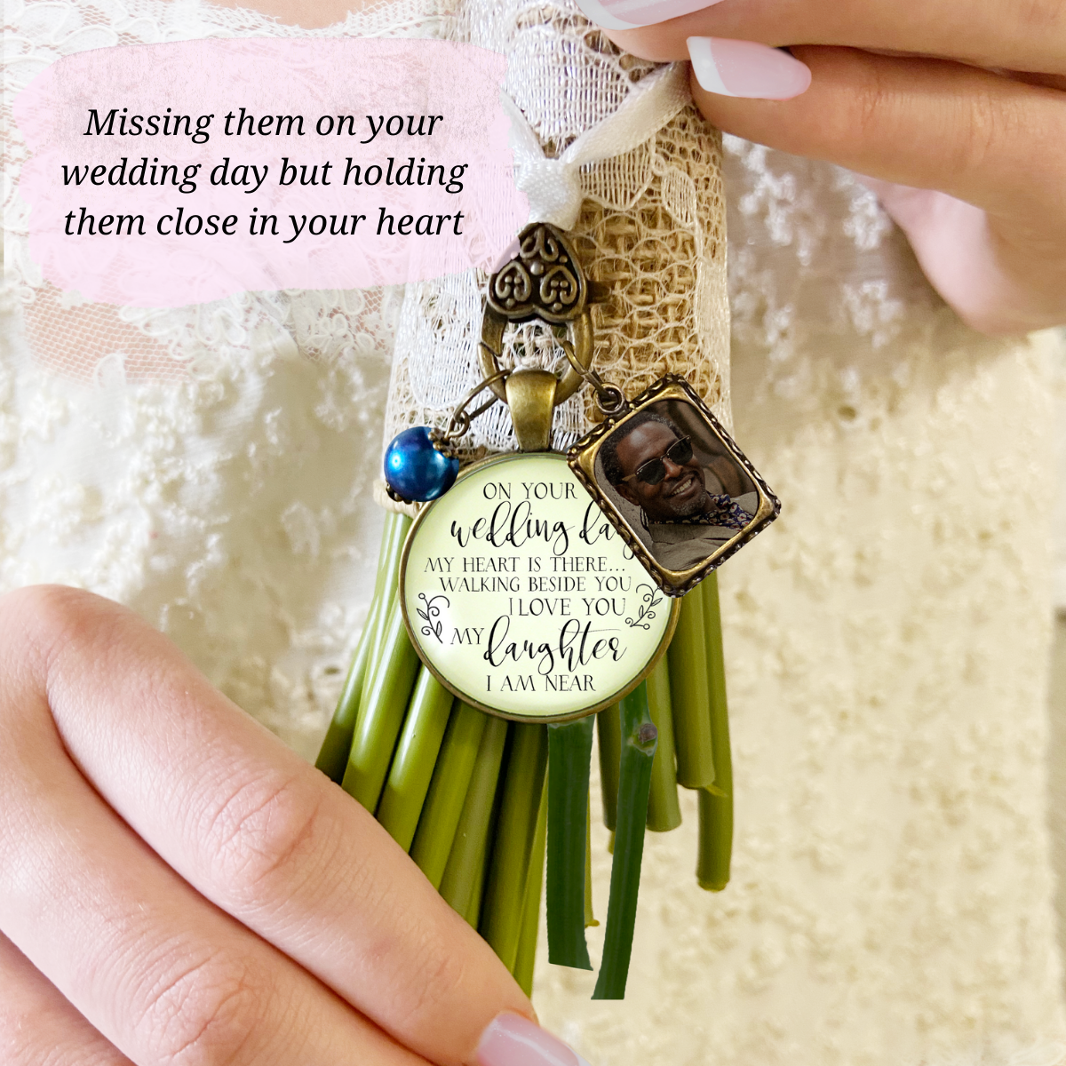 On Your Wedding Day MY Heart Is There Walking Beside You DAUGHTER - BRONZE - CREAM - BLUE BEAD