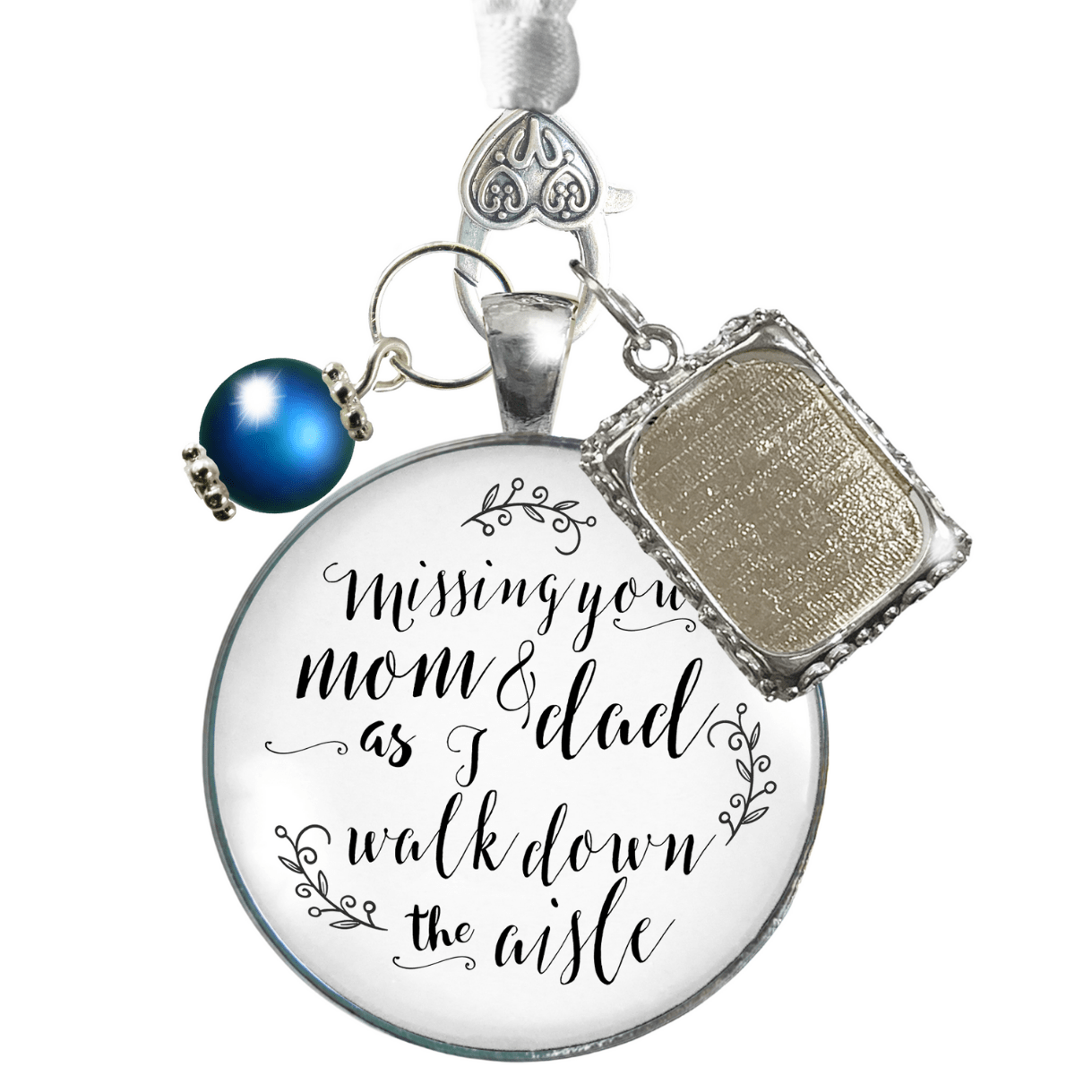 Bouquet Charm Mom Dad Of Bride Remember White Memory Parents Photo Frame Silver Blue Bead - Gutsy Goodness;Bouquet Charm Mom Dad Of Bride Remember White Memory Parents Photo Frame Silver Blue Bead - Gutsy Goodness Handmade Jewelry Gifts