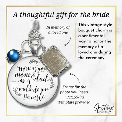 Bouquet Charm Mom Dad Of Bride Remember White Memory Parents Photo Frame Silver Blue Bead - Gutsy Goodness;Bouquet Charm Mom Dad Of Bride Remember White Memory Parents Photo Frame Silver Blue Bead - Gutsy Goodness Handmade Jewelry Gifts
