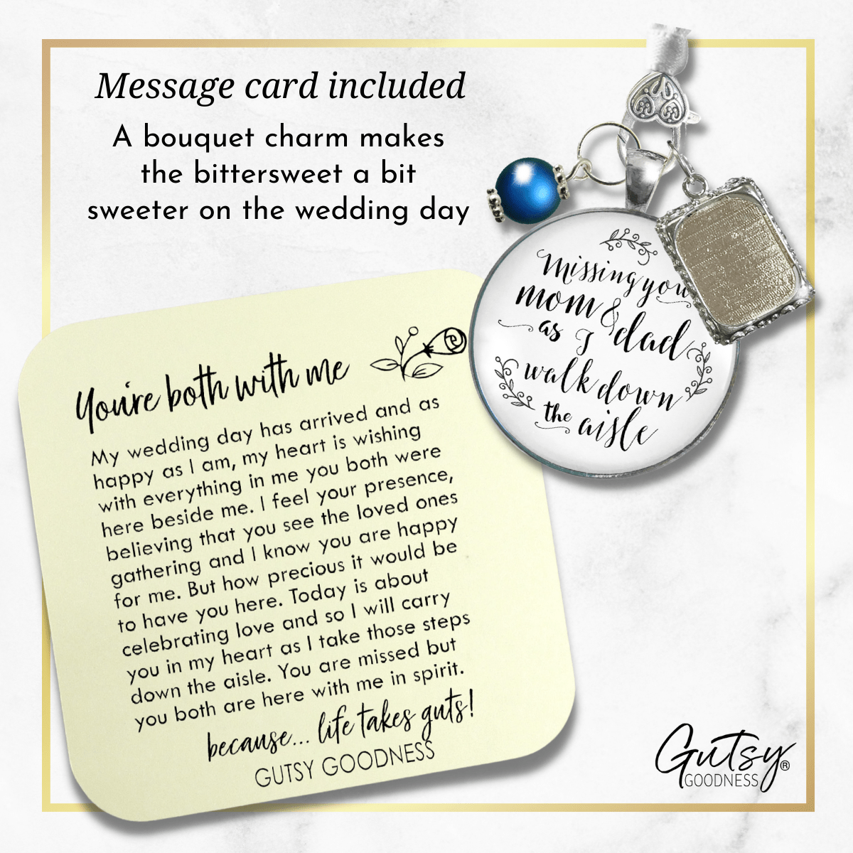 Bouquet Charm Mom Dad Of Bride Remember White Memory Parents Photo Frame Silver Blue Bead - Gutsy Goodness;Bouquet Charm Mom Dad Of Bride Remember White Memory Parents Photo Frame Silver Blue Bead - Gutsy Goodness Handmade Jewelry Gifts