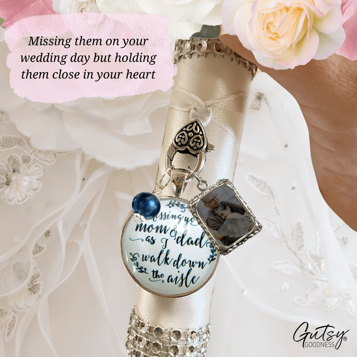 Bouquet Charm Mom Dad Of Bride Remember White Memory Parents Photo Frame Silver Blue Bead - Gutsy Goodness;Bouquet Charm Mom Dad Of Bride Remember White Memory Parents Photo Frame Silver Blue Bead - Gutsy Goodness Handmade Jewelry Gifts
