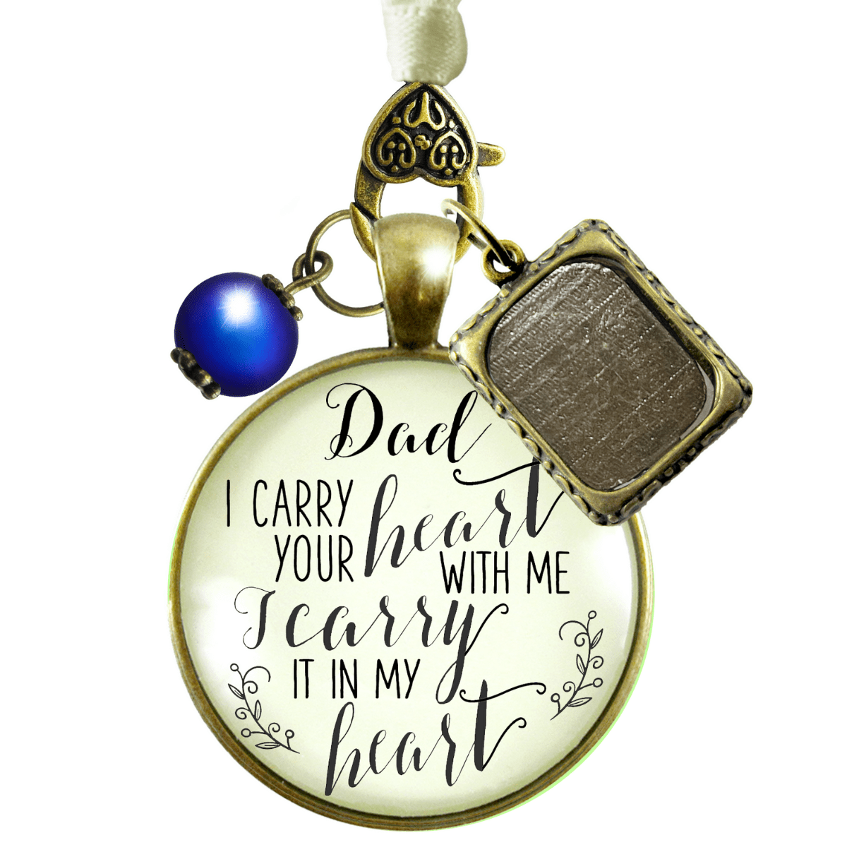 Dad I Carry Your Heart With Me I Carry It In My Heart - BRONZE - CREAM - BLUE BEAD