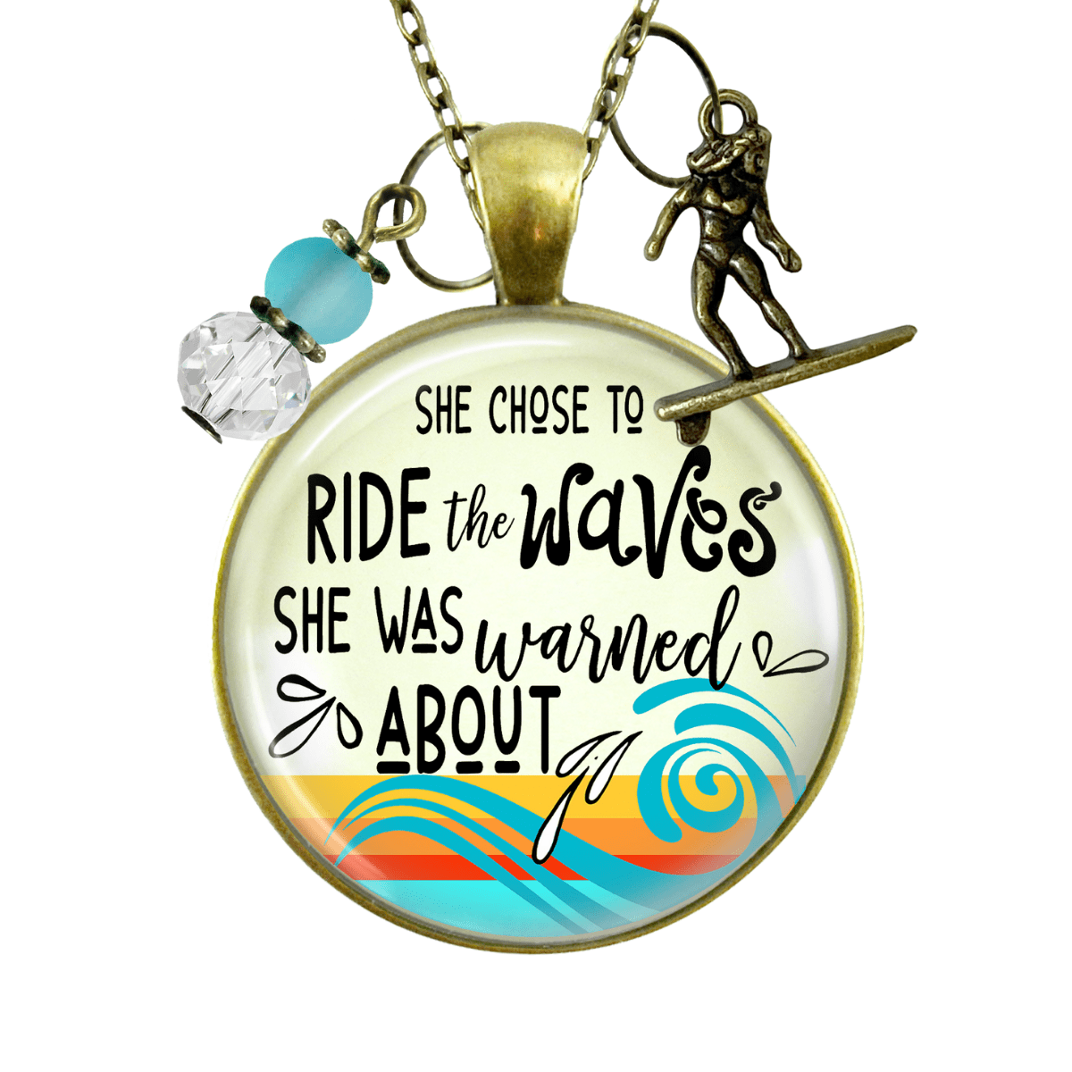 Surfer Girl Necklace She Rides Waves They Warn Her About Motivation Life Mantra Sea Glass Style Charm  Necklace - Gutsy Goodness Handmade Jewelry