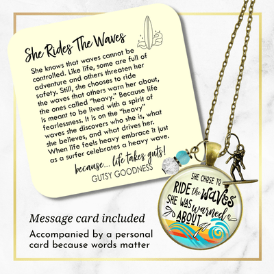 Surfer Girl Necklace She Rides Waves They Warn Her About Motivation Life Mantra Sea Glass Style Charm  Necklace - Gutsy Goodness Handmade Jewelry