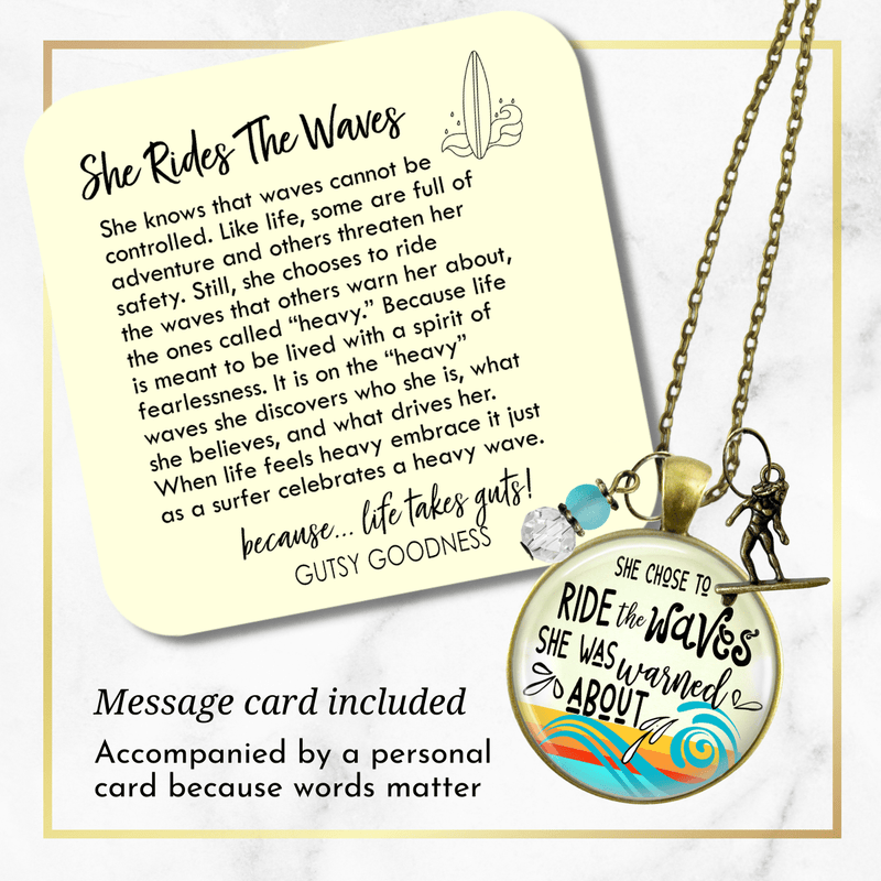 Surfer Girl Necklace She Rides Waves They Warn Her About Motivation Life Mantra Sea Glass Style Charm  Necklace - Gutsy Goodness Handmade Jewelry