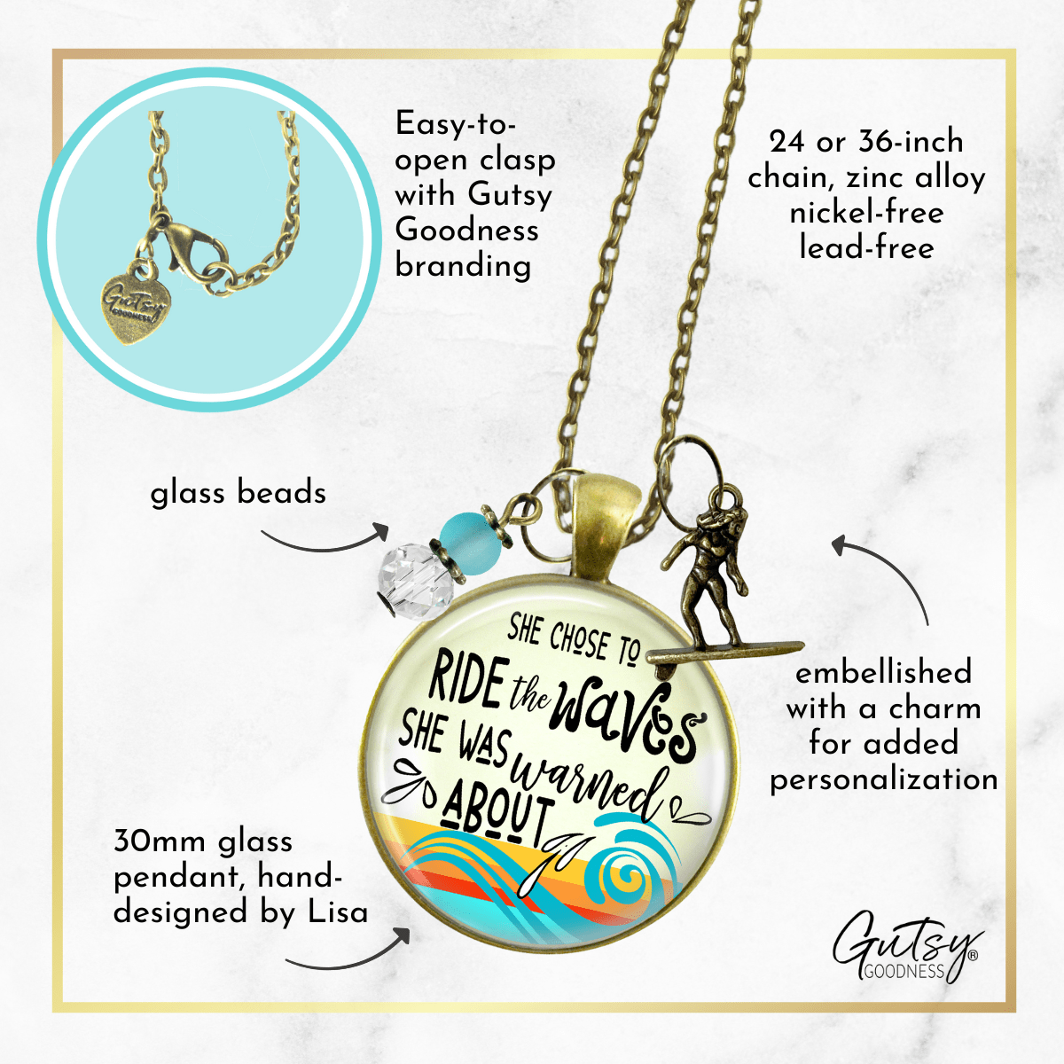 Surfer Girl Necklace She Rides Waves They Warn Her About Motivation Life Mantra Sea Glass Style Charm  Necklace - Gutsy Goodness Handmade Jewelry