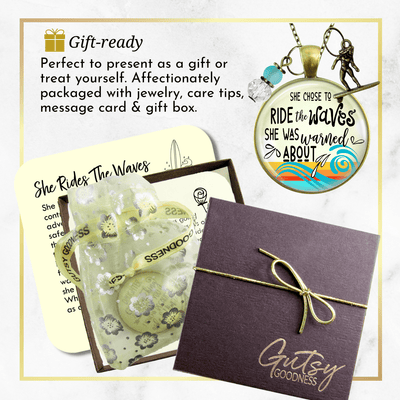 Surfer Girl Necklace She Rides Waves They Warn Her About Motivation Life Mantra Sea Glass Style Charm  Necklace - Gutsy Goodness Handmade Jewelry