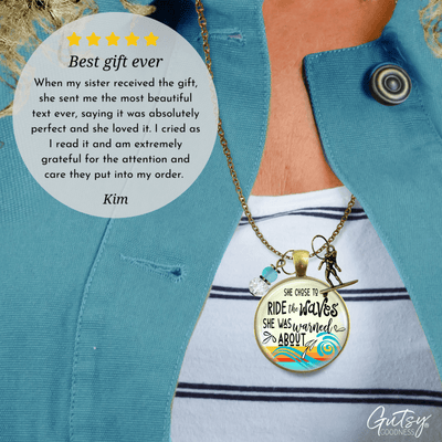 Surfer Girl Necklace She Rides Waves They Warn Her About Motivation Life Mantra Sea Glass Style Charm  Necklace - Gutsy Goodness Handmade Jewelry