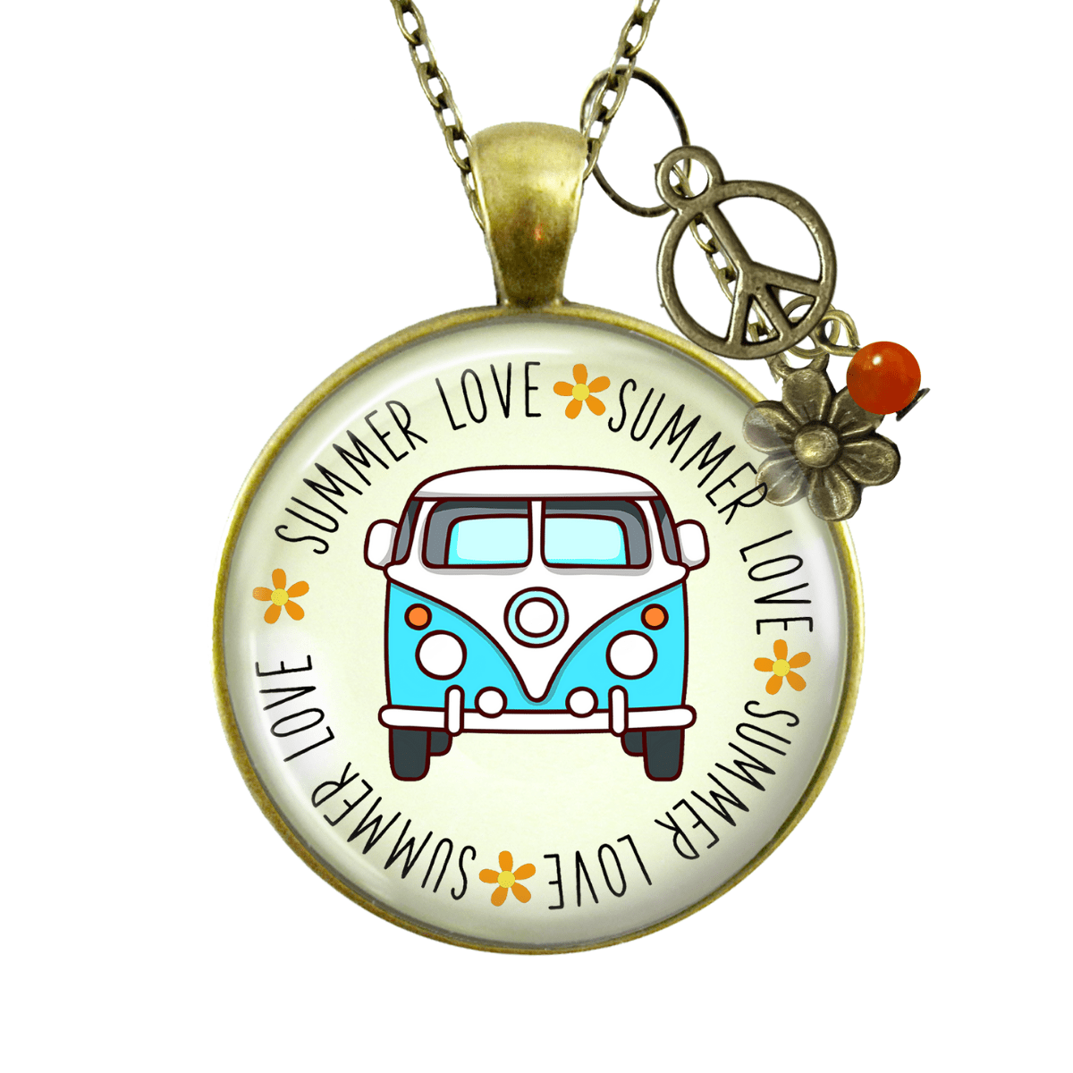 Summer Love Vintage Van Necklace Free Spirit Camper Bus Theme 70s Retro Charm Flower Peace Boho Gift  Necklace - Gutsy Goodness Handmade Jewelry