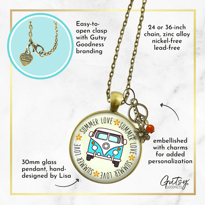 Summer Love Vintage Van Necklace Free Spirit Camper Bus Theme 70s Retro Charm Flower Peace Boho Gift  Necklace - Gutsy Goodness Handmade Jewelry