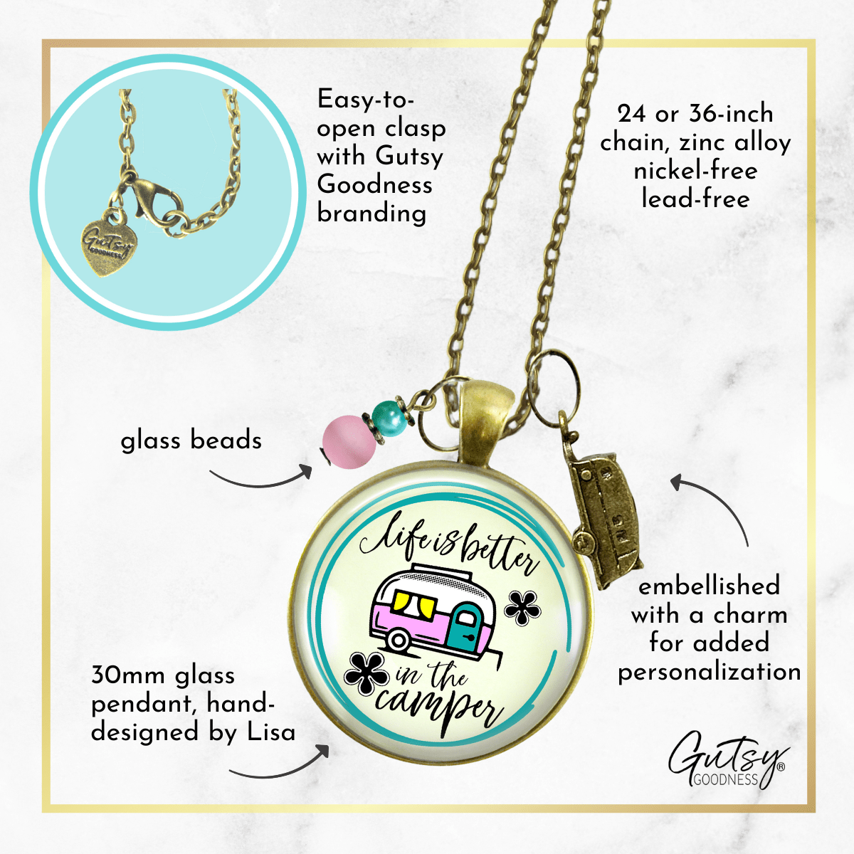 Camper Necklace Life Is Better Happy Camping Retro Chic Fifth-Wheel Jewelry Trailer RV Charm Gift  Necklace - Gutsy Goodness Handmade Jewelry