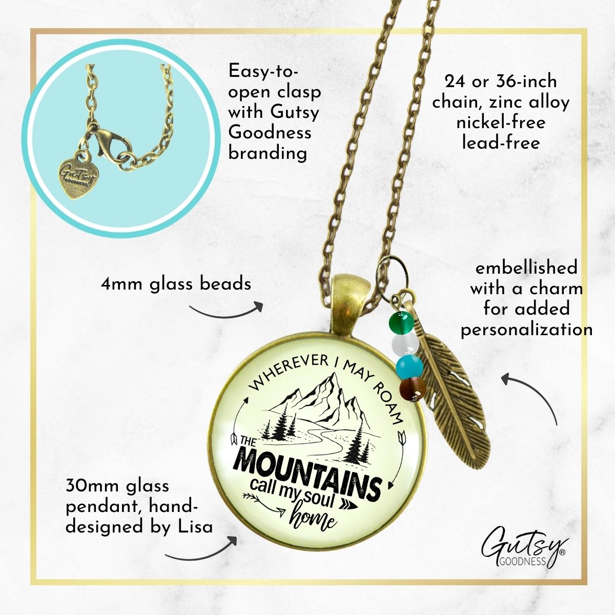 Handmade Gutsy Goodness Jewelry Wherever I Roam The Mountains Call My Soul Home Necklace Nature Theme Jewelry & Message Card