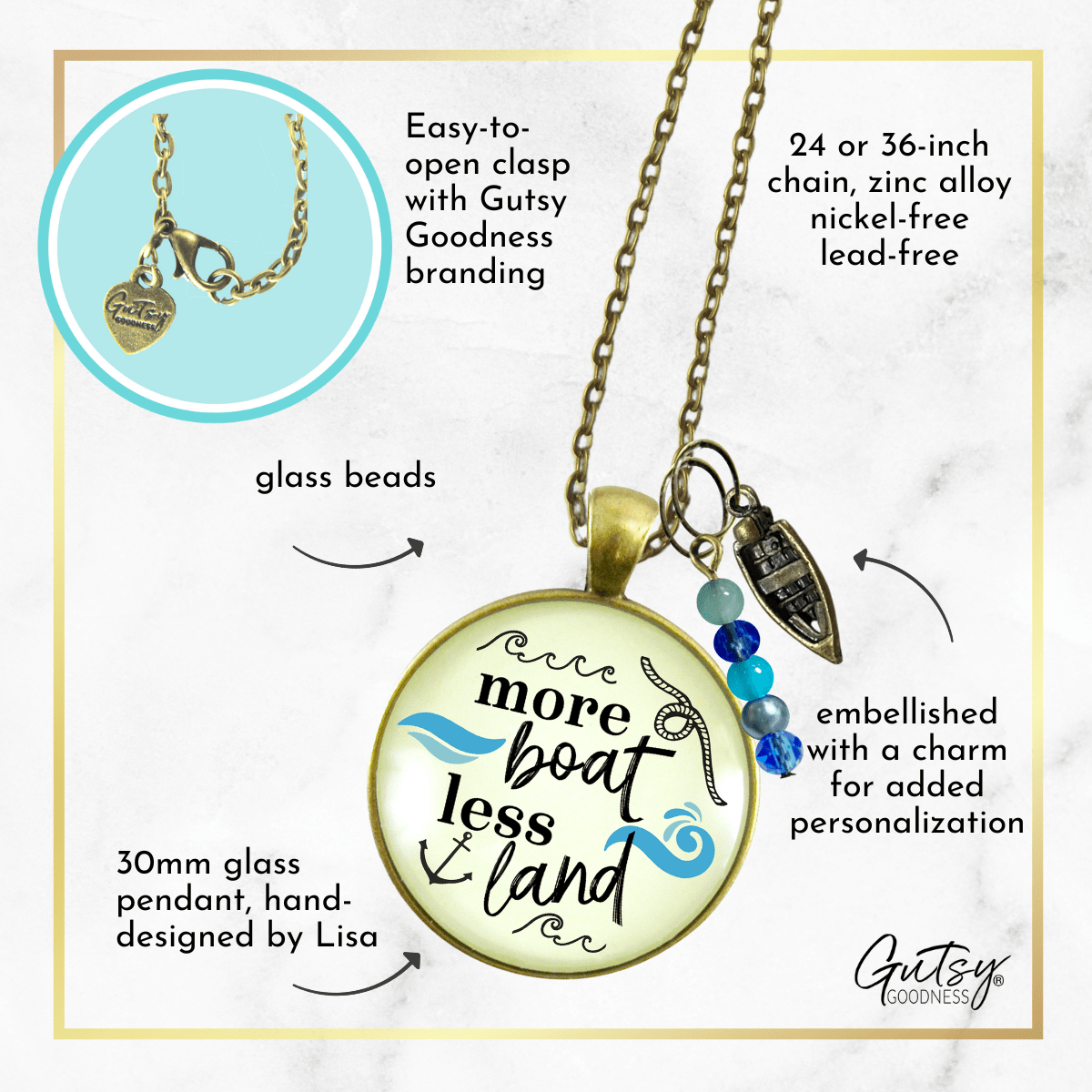 Boaters Necklace More Boat Less Land Nautical Sea Lake Life Pendant Boating Sea Glass Style Charms  Necklace - Gutsy Goodness Handmade Jewelry