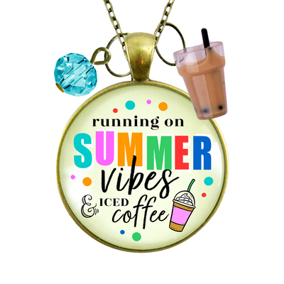 Summer Vibes Iced Coffee Necklace Colorful Beach Life Handmade Retro Chic Pendant Summertime Quote Coffee Lover BFF Gift Resin Kawaii Charm  Necklace - Gutsy Goodness Handmade Jewelry