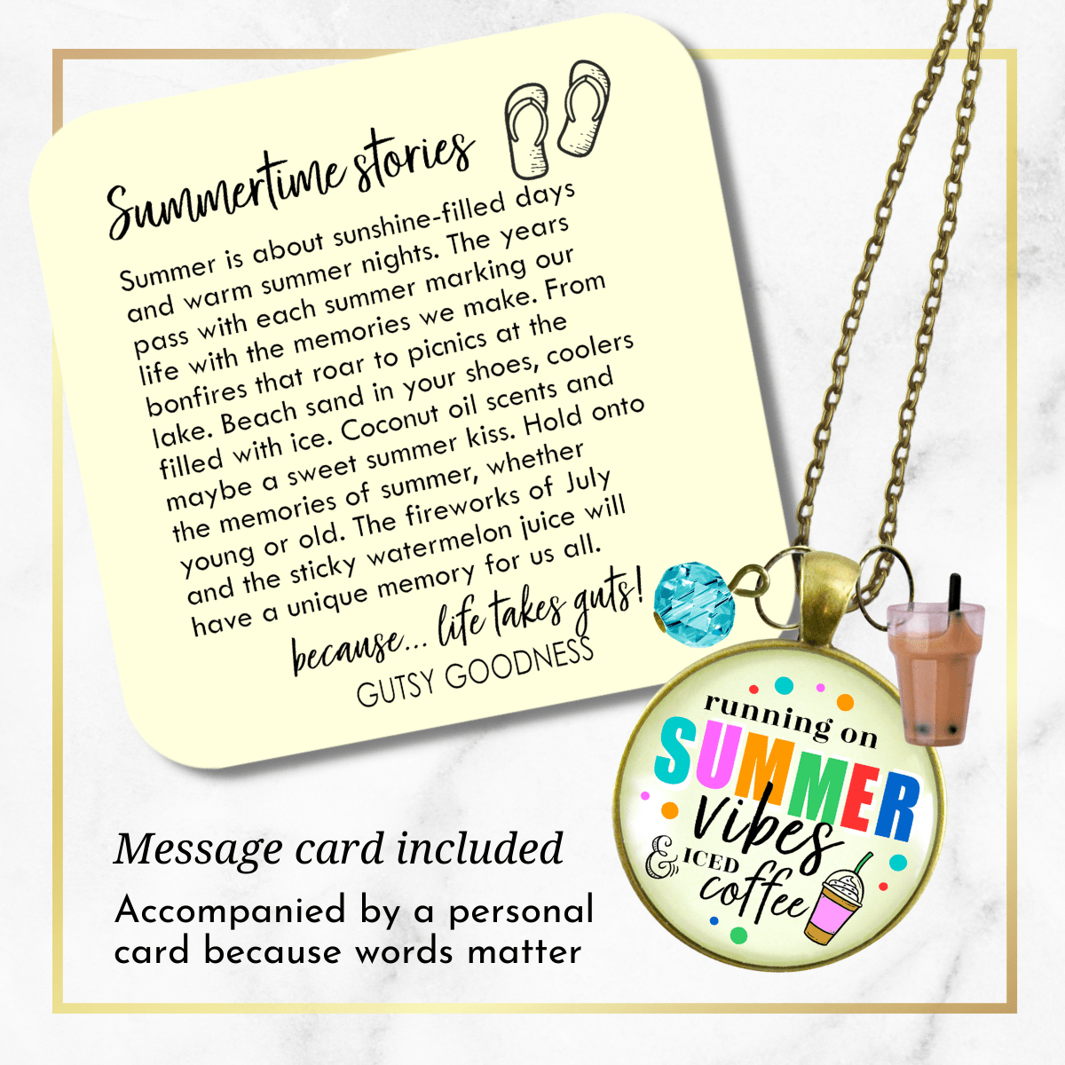 Summer Vibes Iced Coffee Necklace Colorful Beach Life Handmade Retro Chic Pendant Summertime Quote Coffee Lover BFF Gift Resin Kawaii Charm  Necklace - Gutsy Goodness Handmade Jewelry