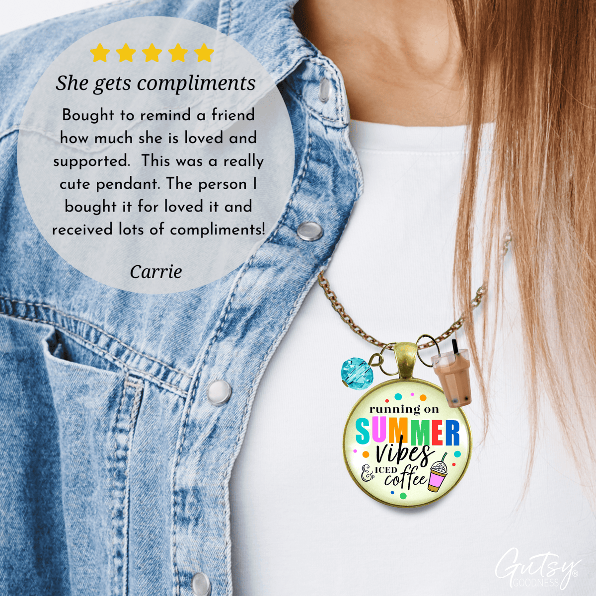 Summer Vibes Iced Coffee Necklace Colorful Beach Life Handmade Retro Chic Pendant Summertime Quote Coffee Lover BFF Gift Resin Kawaii Charm  Necklace - Gutsy Goodness Handmade Jewelry
