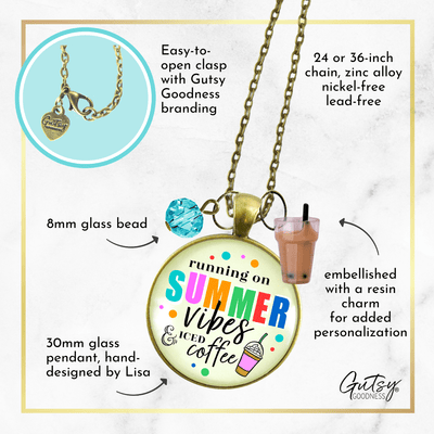 Summer Vibes Iced Coffee Necklace Colorful Beach Life Handmade Retro Chic Pendant Summertime Quote Coffee Lover BFF Gift Resin Kawaii Charm  Necklace - Gutsy Goodness Handmade Jewelry